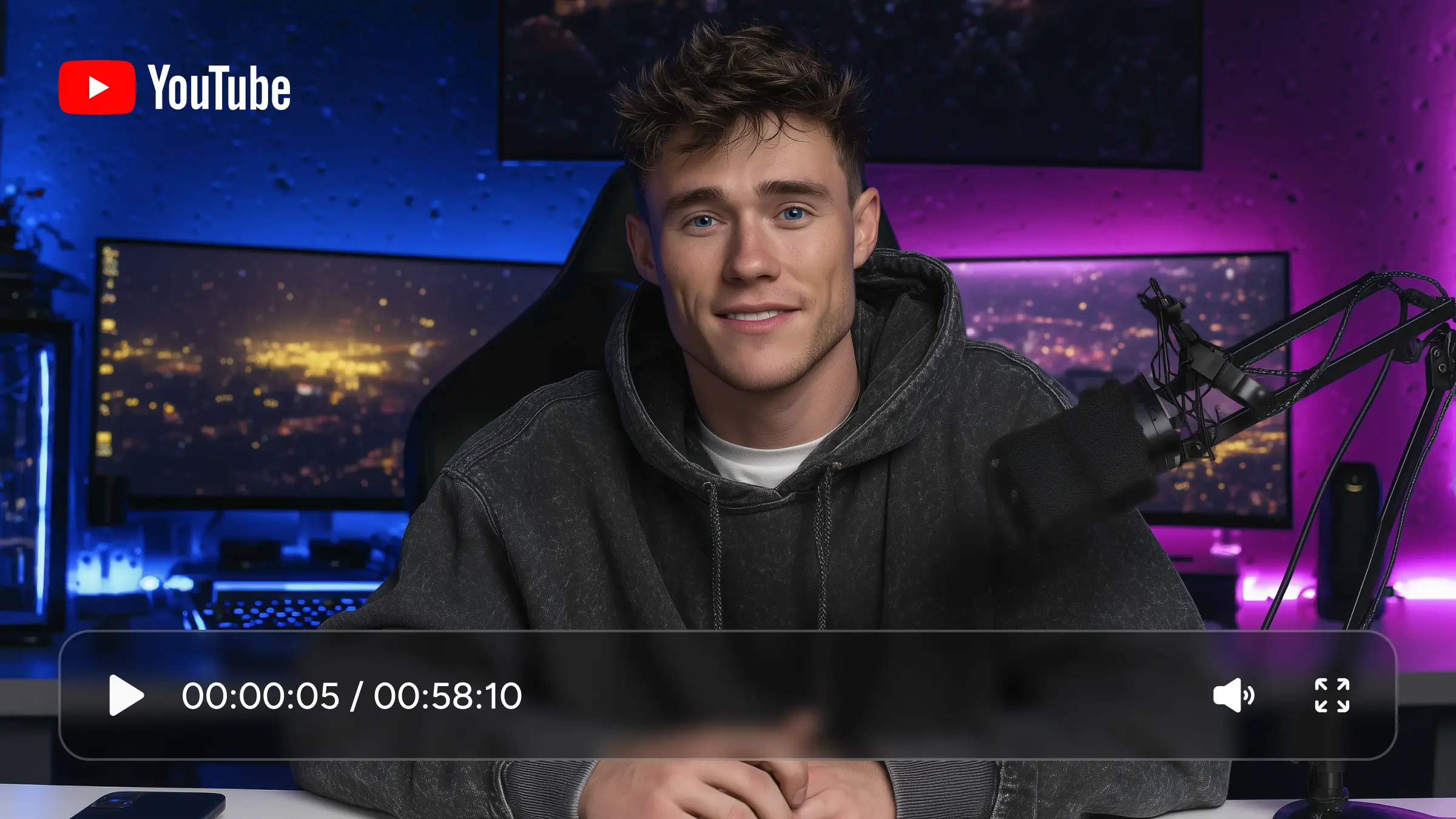 usando hailuo 2.3 ai video generator created game commentary video of a man on YouTube